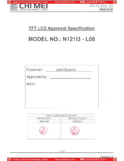 . Various Panel CMO N121I3-L08 0 [DS]  . Various LCD Panels Panel_CMO_N121I3-L08_0_[DS].pdf