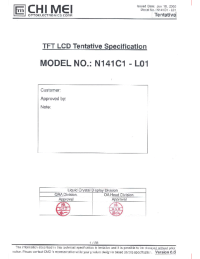. Various Panel CMO N141C1-L01 1 [DS]  . Various LCD Panels Panel_CMO_N141C1-L01_1_[DS].pdf