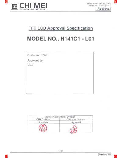 . Various Panel CMO N141C1-L01 3 [DS]  . Various LCD Panels Panel_CMO_N141C1-L01_3_[DS].pdf