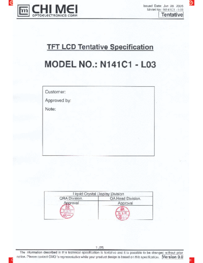 . Various Panel CMO N141C1-L03 0 [DS]  . Various LCD Panels Panel_CMO_N141C1-L03_0_[DS].pdf