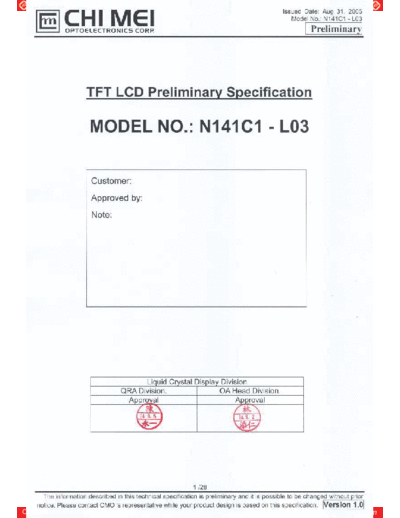 . Various Panel CMO N141C1-L03 1 [DS]  . Various LCD Panels Panel_CMO_N141C1-L03_1_[DS].pdf