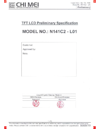 . Various Panel CMO N141C2-L01 0 [DS]  . Various LCD Panels Panel_CMO_N141C2-L01_0_[DS].pdf