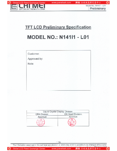 . Various Panel CMO N141I1-L01 1 [DS]  . Various LCD Panels Panel_CMO_N141I1-L01_1_[DS].pdf