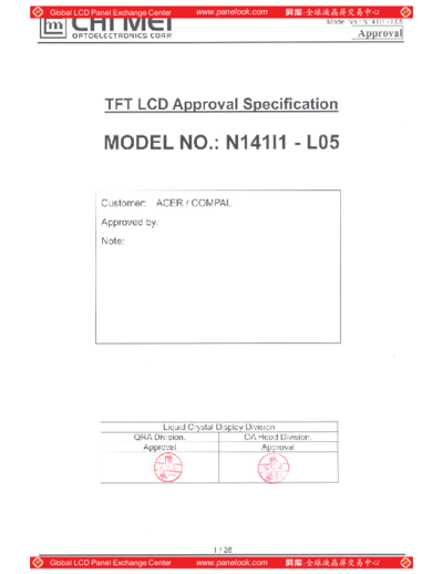. Various Panel CMO N141I1-L05 0 [DS]  . Various LCD Panels Panel_CMO_N141I1-L05_0_[DS].pdf