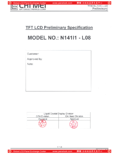 . Various Panel CMO N141I1-L08 2 [DS]  . Various LCD Panels Panel_CMO_N141I1-L08_2_[DS].pdf