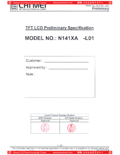 . Various Panel CMO N141XA-L01 0 [DS]  . Various LCD Panels Panel_CMO_N141XA-L01_0_[DS].pdf