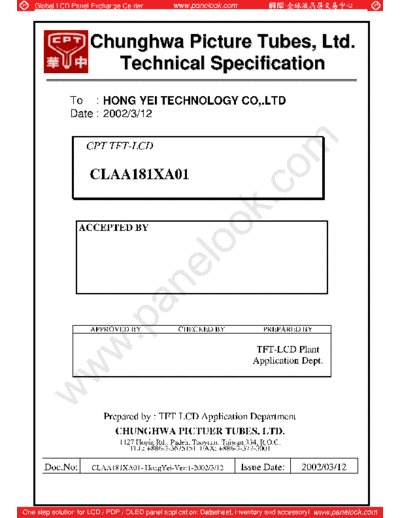 . Various Panel CPT CLAA181XA01 0 [DS]  . Various LCD Panels Panel_CPT_CLAA181XA01_0_[DS].pdf