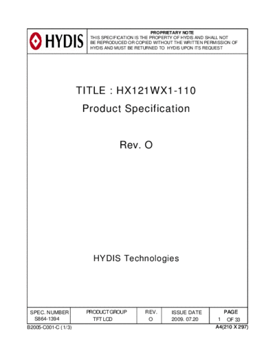 . Various Panel HYDIS HX121WX1-110 0 [DS]  . Various LCD Panels Panel_HYDIS_HX121WX1-110_0_[DS].pdf