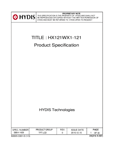 . Various Panel HYDIS HX121WX1-121 0 [DS]  . Various LCD Panels Panel_HYDIS_HX121WX1-121_0_[DS].pdf