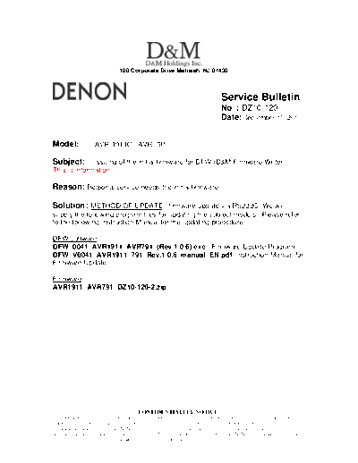 DENON Service Bulletin DZ10-120  DENON AV Surround Receiver AV Surround Receiver Denon - AVR-1911 & 791 Service Bulletin DZ10-120.PDF