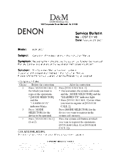 DENON Service Bulletin OST-C1149  DENON AV Surround Receiver AV Surround Receiver Denon - AVR-2807 & 987 Service Bulletin OST-C1149.PDF
