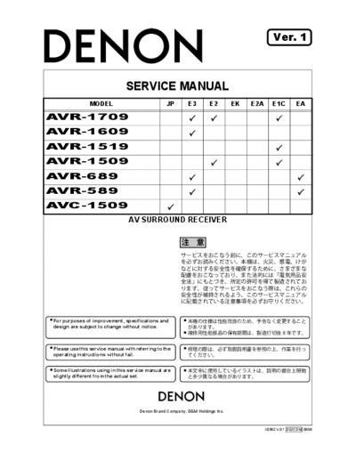 DENON  AVR-1709 & 1609 & 1519 & 1509 & 689 & 589 & AVC-1509 Ver. 1  DENON AV Surround Receiver & Amplifier AV Surround Receiver & Amplifier Denon - AVR-1709 & 1609 & 1519 & 1509 & 689 & 589 & AVC-1509  AVR-1709 & 1609 & 1519 & 1509 & 689 & 589 & AVC-1509 Ver. 1.PDF