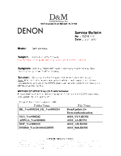 DENON Service Bulletin DZ10-110  DENON Blu-Ray Disk Blu-Ray Disk Denon - DBP-4010UDCI Service Bulletin DZ10-110.PDF