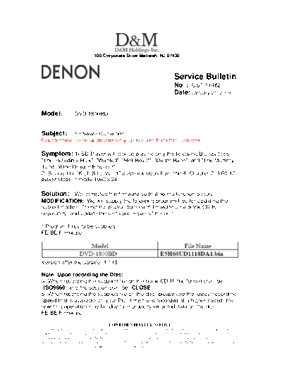 DENON Service Bulletin OST-F1482  DENON DVD Video Player DVD Video Player Denon - DVD-1800BD Service Bulletin OST-F1482.PDF
