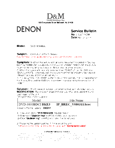DENON Service Bulletin OST-F1298  DENON DVD Video Player DVD Video Player Denon - DVD-3800BDCI Service Bulletin OST-F1298.PDF