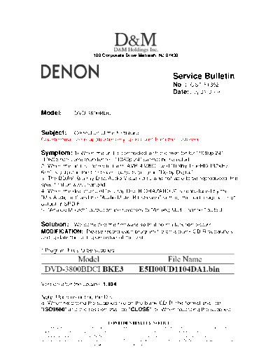 DENON Service Bulletin OST-F1352  DENON DVD Video Player DVD Video Player Denon - DVD-3800BDCI Service Bulletin OST-F1352.PDF
