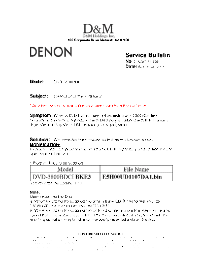 DENON Service Bulletin OST-F1368  DENON DVD Video Player DVD Video Player Denon - DVD-3800BDCI Service Bulletin OST-F1368.PDF
