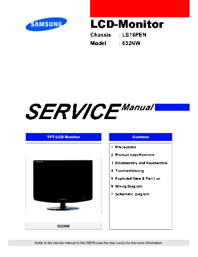 Service manual : Samsung 632NW Samsung monitor TFT-LCD 632NW chassis ...