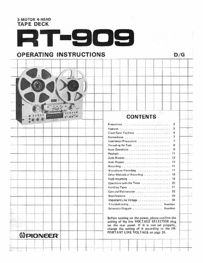 Pioneer RT-909 Reel to Reel (Open Reel) User (Owner, Operator) Manual  (rt909, rt 909)