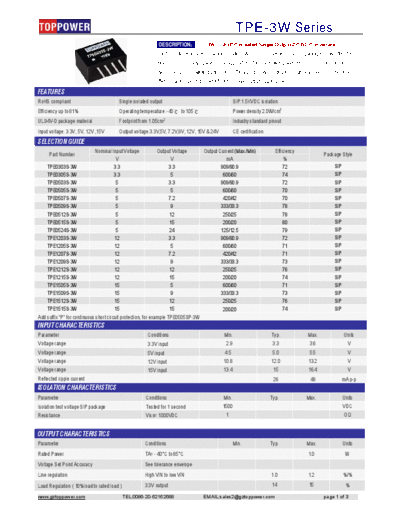 TOPPOWER TPE-3W SIP4 pins  3W  DC-DC  converters