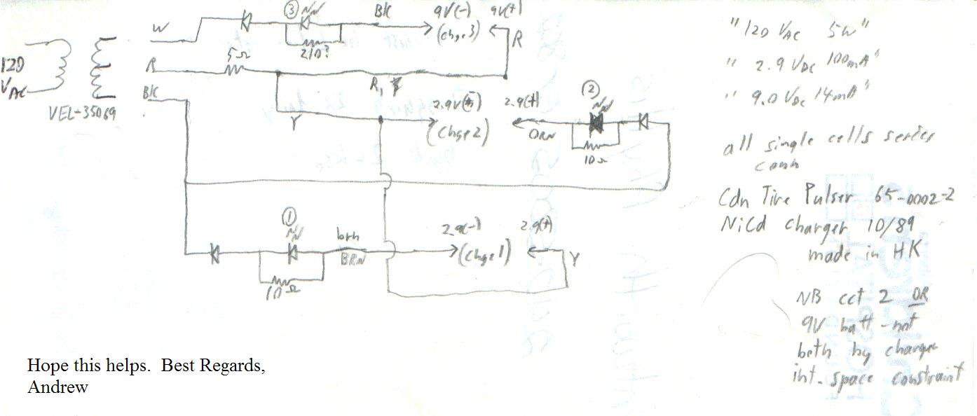 Canadian Tire Pulser 65-0002-2 Extremely simple schematic for NiCd battery charger model 65-0002-2, made in Hong Kong for Canadian Tire corp. in 1989. Specs: 120 Vac 5W in, 2.9 Vdc 100 mA & 9.0 Vdc 14 mA out. Note that charge circuit 2 cannot be used at the same time that a 9V battery is being recharged but this may be a simple mechanical design problem not an electrical limitation (esp. since the 9V charge current is low).
Hope this helps.
Andrew