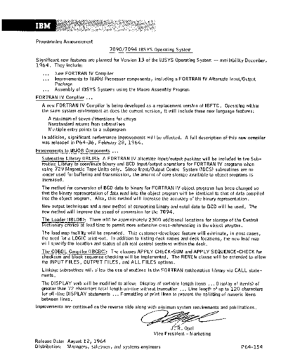 IBM P64-154 IBSYS 13 Announcement Aug64  IBM 7090 P64-154_IBSYS_13_Announcement_Aug64.pdf