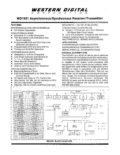 Western Digital WD1931 Asynchronous Synchronous Receiver Transmitter Western Digital WD90_Pascal_Microengine WD1931_Asynchronous_Synchronous_Receiver_Transmitter.pdf