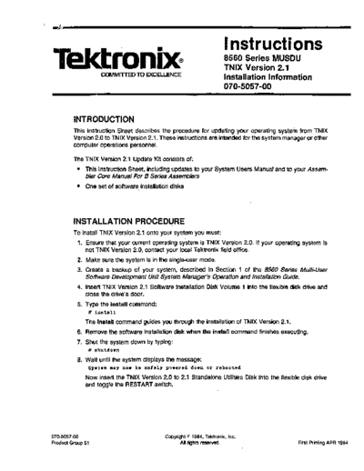 Tektronix 070-5057-00 TNIX Version 2.1 Installation Information Apr84  Tektronix 85xx 856x 070-5057-00_TNIX_Version_2.1_Installation_Information_Apr84.pdf