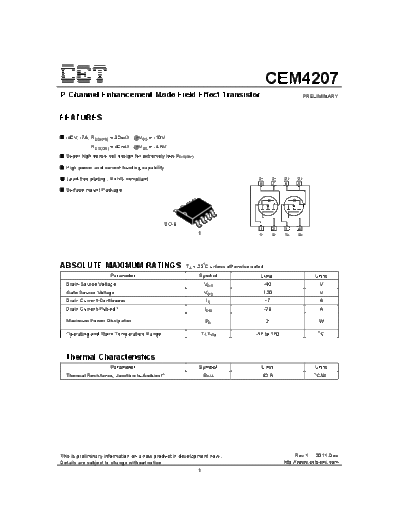 CET cem4207  . Electronic Components Datasheets Active components Transistors CET cem4207.pdf