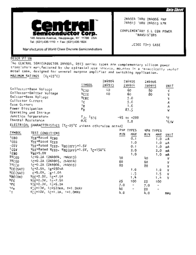 Central 2n4904 2n4905 2n4906 2n4913 2n4914 2n4915  . Electronic Components Datasheets Active components Transistors Central 2n4904_2n4905_2n4906_2n4913_2n4914_2n4915.pdf