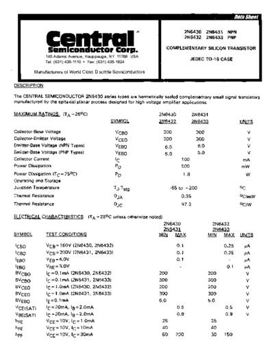 Central 2n6430 2n6431 2n6432 2n6433  . Electronic Components Datasheets Active components Transistors Central 2n6430_2n6431_2n6432_2n6433.pdf