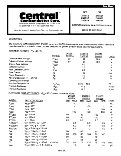 Central 2n6551 2n6552 2n6553 2n6554 2n6555 2n6556  . Electronic Components Datasheets Active components Transistors Central 2n6551_2n6552_2n6553_2n6554_2n6555_2n6556.pdf