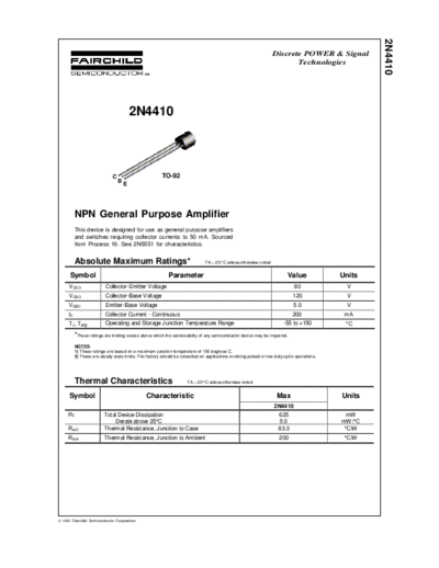 Fairchild Semiconductor 2n4410  . Electronic Components Datasheets Active components Transistors Fairchild Semiconductor 2n4410.pdf