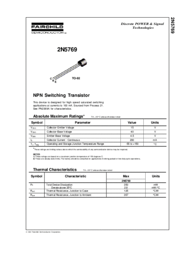 Fairchild Semiconductor 2n5769  . Electronic Components Datasheets Active components Transistors Fairchild Semiconductor 2n5769.pdf