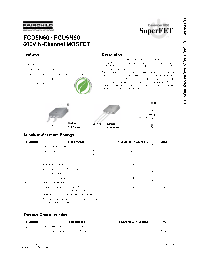 Fairchild Semiconductor fcd5n60 fcu5n60  . Electronic Components Datasheets Active components Transistors Fairchild Semiconductor fcd5n60_fcu5n60.pdf