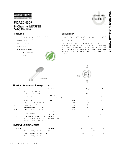 Fairchild Semiconductor fda20n50f  . Electronic Components Datasheets Active components Transistors Fairchild Semiconductor fda20n50f.pdf