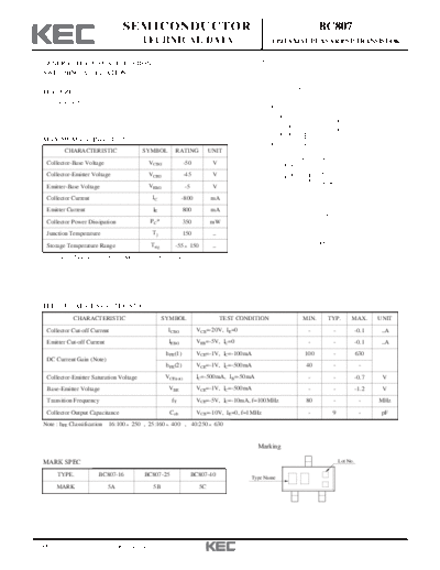 KEC bc807  . Electronic Components Datasheets Active components Transistors KEC bc807.pdf