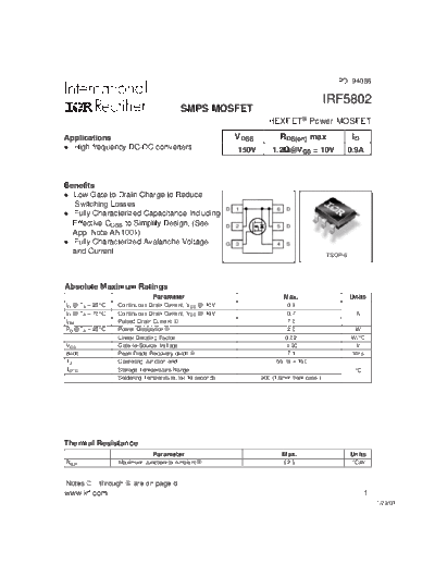 International Rectifier irf5802  . Electronic Components Datasheets Active components Transistors International Rectifier irf5802.pdf