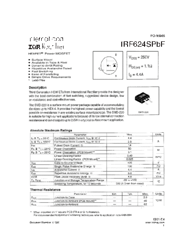 International Rectifier irf624spbf  . Electronic Components Datasheets Active components Transistors International Rectifier irf624spbf.pdf