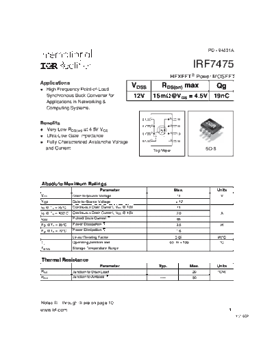 International Rectifier irf7475  . Electronic Components Datasheets Active components Transistors International Rectifier irf7475.pdf