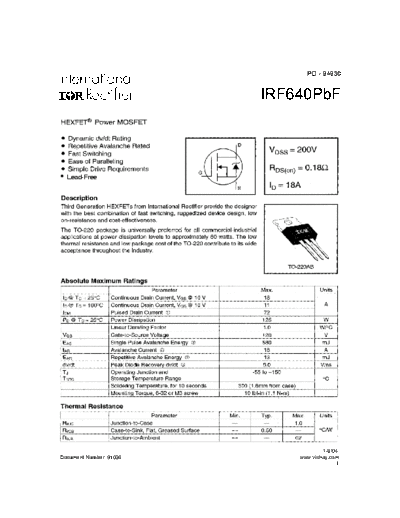 International Rectifier irf640pbf  . Electronic Components Datasheets Active components Transistors International Rectifier irf640pbf.pdf