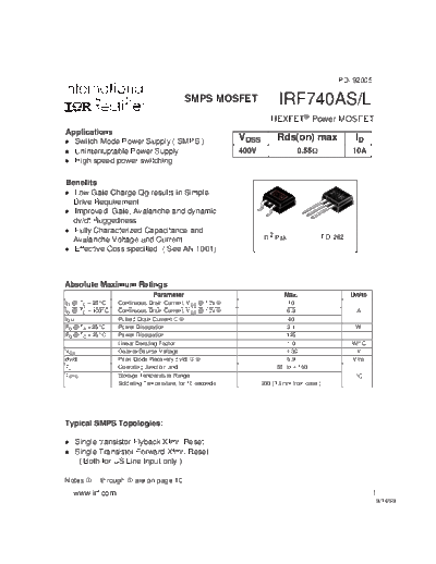 International Rectifier irf740as  . Electronic Components Datasheets Active components Transistors International Rectifier irf740as.pdf