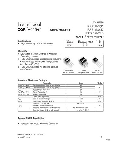 International Rectifier irfb17n20d  . Electronic Components Datasheets Active components Transistors International Rectifier irfb17n20d.pdf