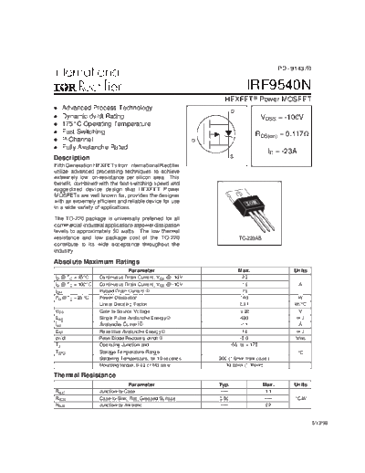 International Rectifier irf9540n  . Electronic Components Datasheets Active components Transistors International Rectifier irf9540n.pdf