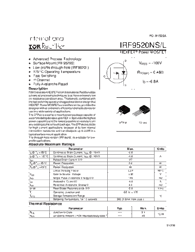 International Rectifier irf9520ns  . Electronic Components Datasheets Active components Transistors International Rectifier irf9520ns.pdf