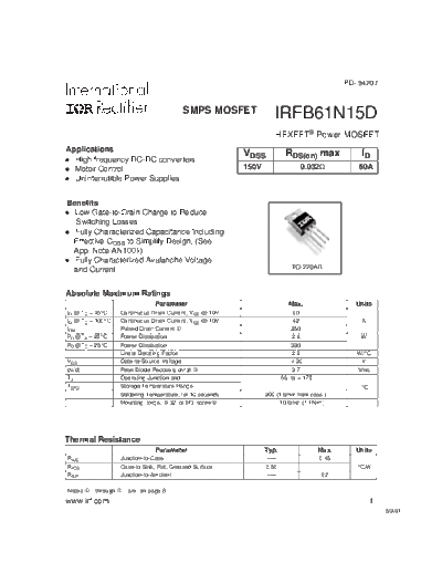 International Rectifier irfb61n15d  . Electronic Components Datasheets Active components Transistors International Rectifier irfb61n15d.pdf