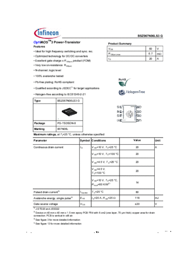 Infineon bsz067n06ls3 rev2.3  . Electronic Components Datasheets Active components Transistors Infineon bsz067n06ls3_rev2.3.pdf