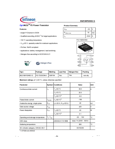 Infineon bsz180p03ns3g 21  . Electronic Components Datasheets Active components Transistors Infineon bsz180p03ns3g_21.pdf