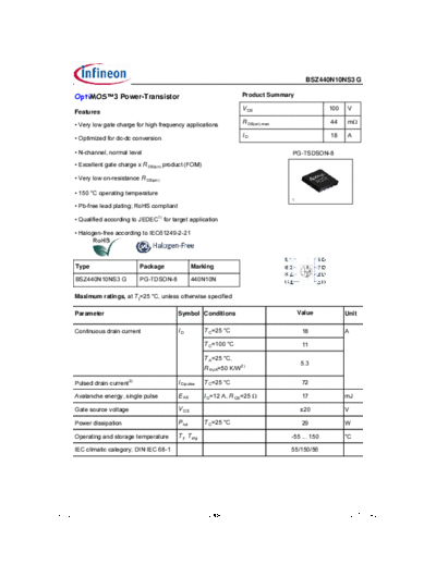 Infineon bsz440n10ns3rev2.0  . Electronic Components Datasheets Active components Transistors Infineon bsz440n10ns3rev2.0.pdf