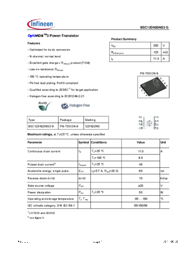 Infineon bsc12dn20ns3rev2.2  . Electronic Components Datasheets Active components Transistors Infineon bsc12dn20ns3rev2.2.pdf